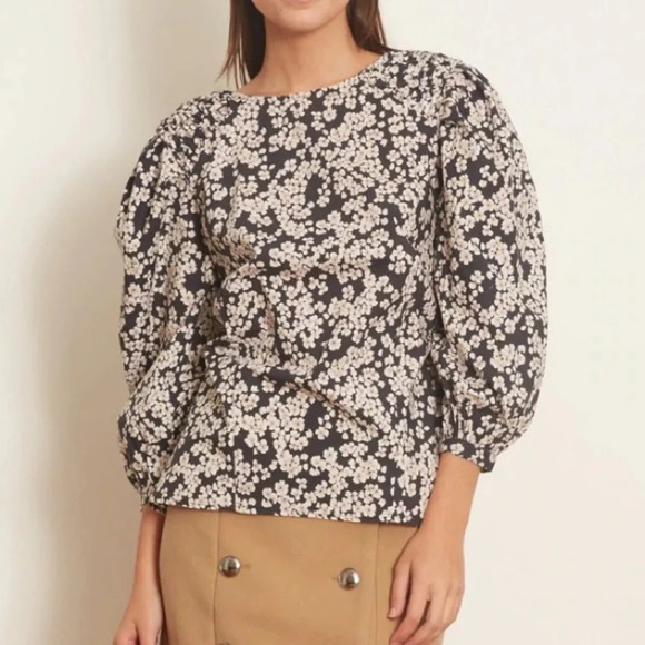 Merlette Carslile floral-print smocked shoulder tie waist cotton blouse medium